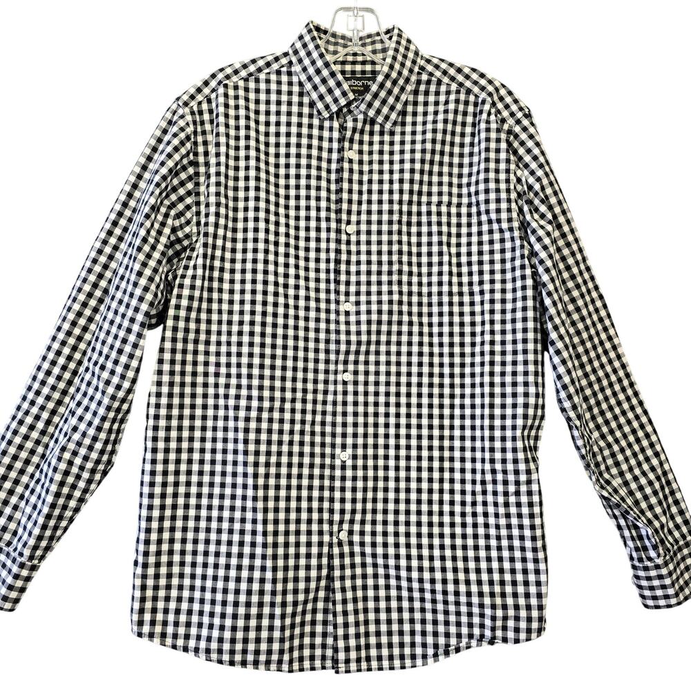 Claiborne Black White Plaid Shirt Stretch Button Up Classic Long Sleeves Men's M